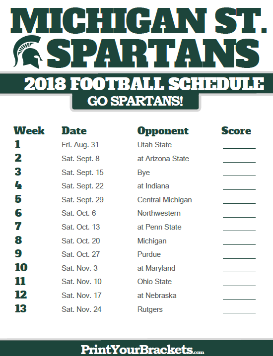 2018 Printable Michigan State Spartans Football Schedule 