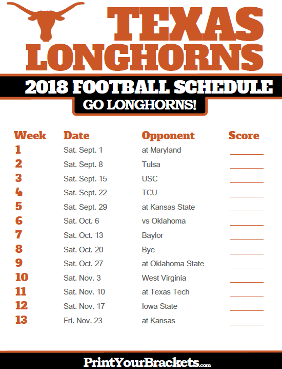 2018 Printable Texas Longhorns Football Schedule 
