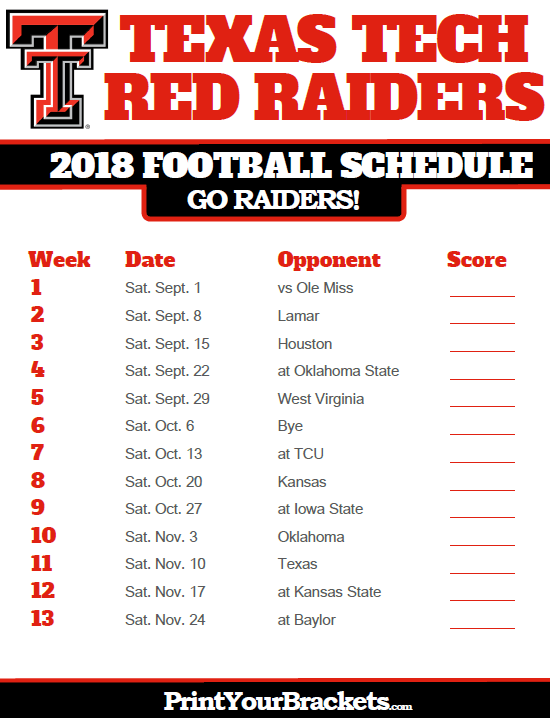2018 Printable Texas Tech Red Raiders Football Schedule