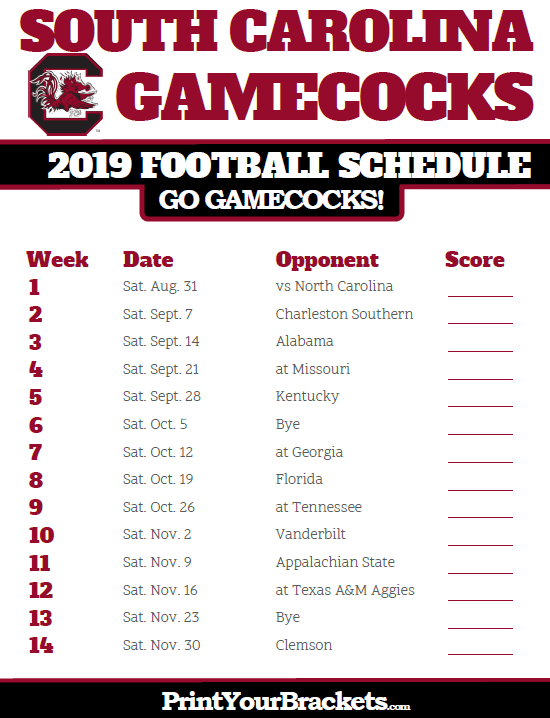 2019 Printable South Carolina Gamecocks Football Schedule 