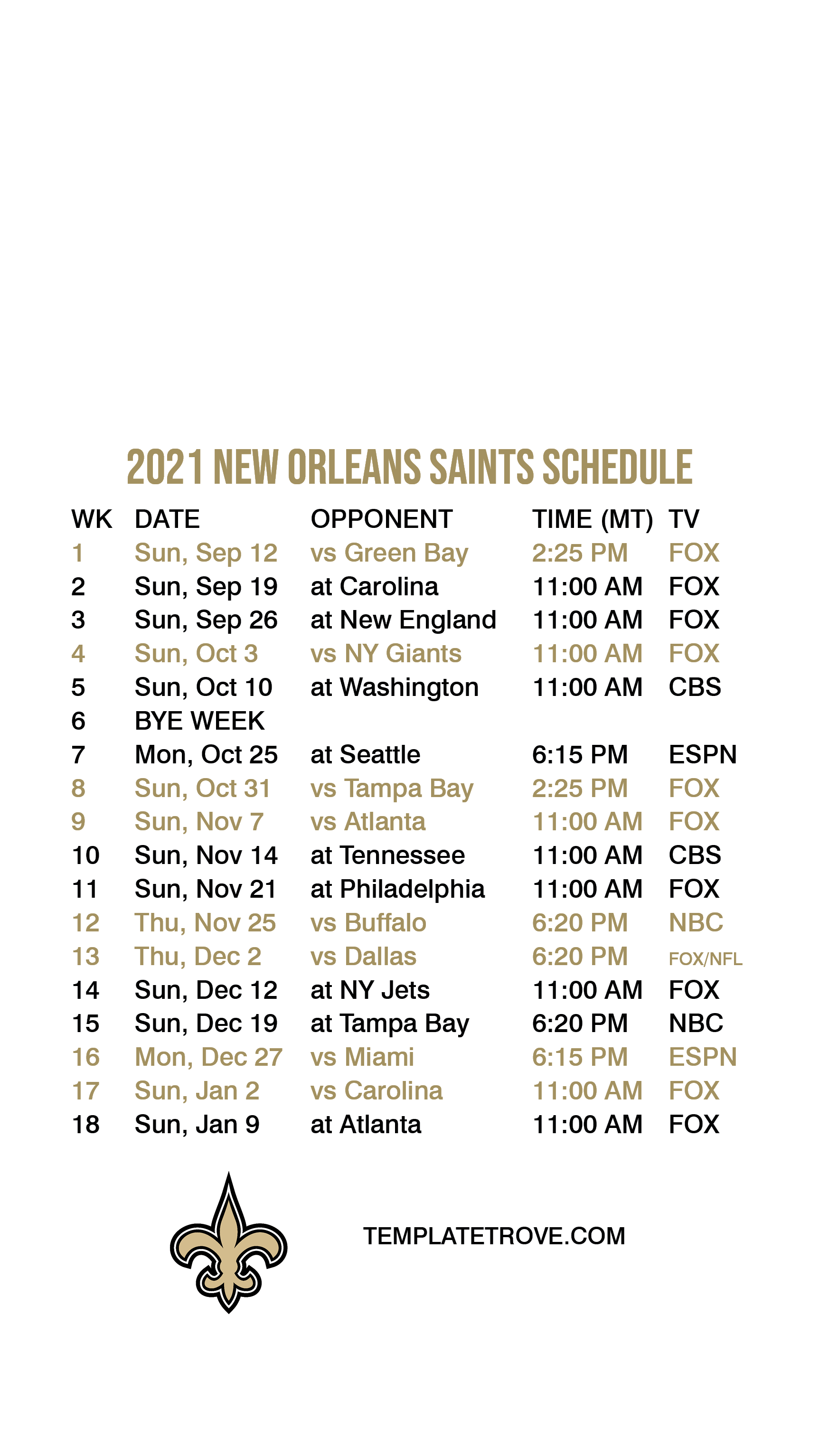 2021 2022 New Orleans Saints Lock Screen Schedule For 