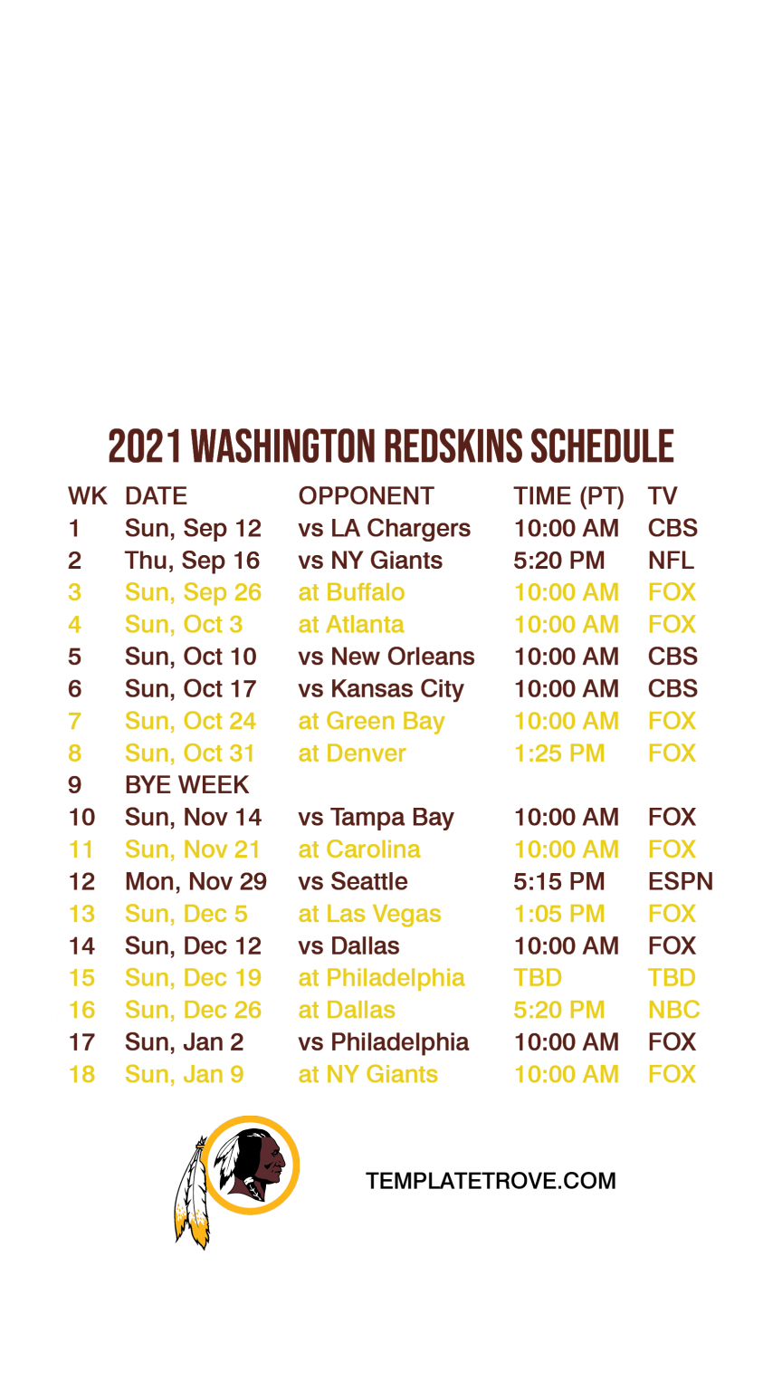 2021 2022 Washington Redskins Lock Screen Schedule For 