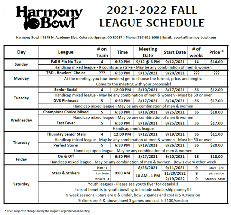 2021 22 Fall League Schedule Harmony Bowl