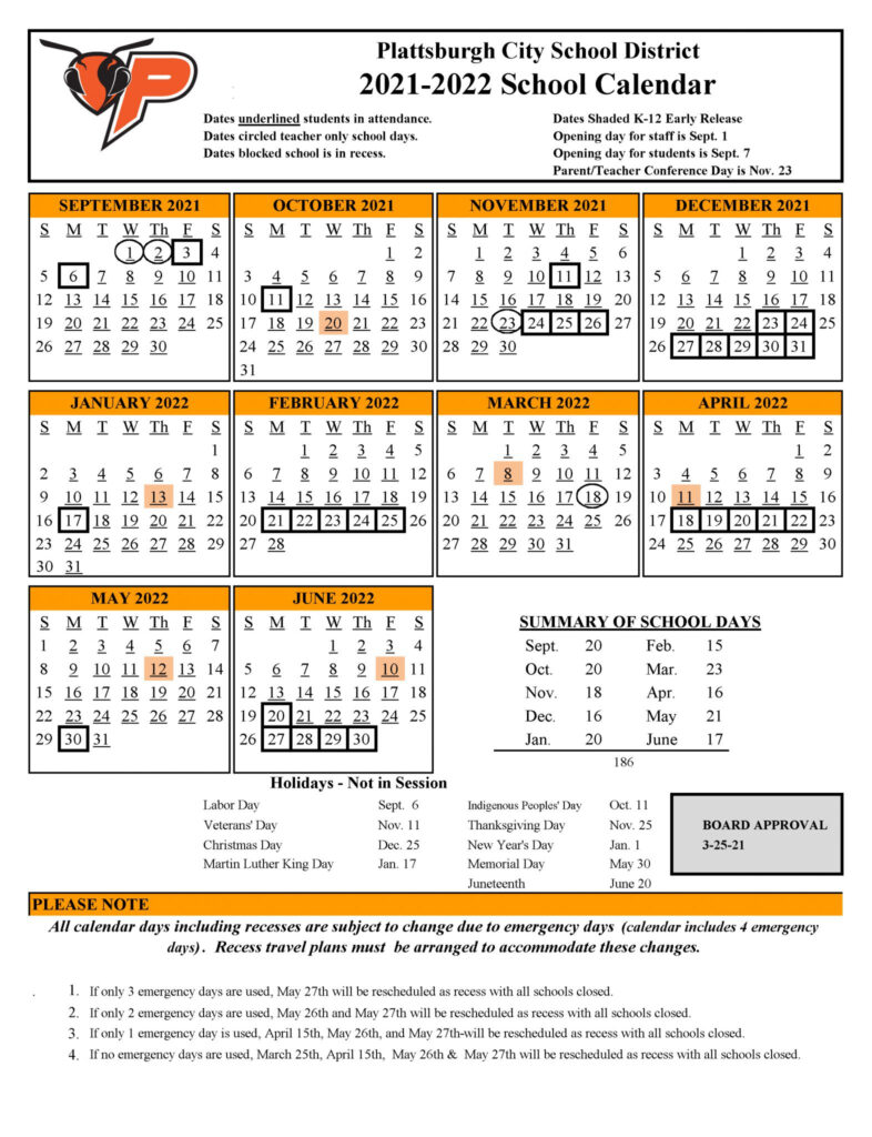 2021 22 PCSD School Calendar Plattsburgh City School