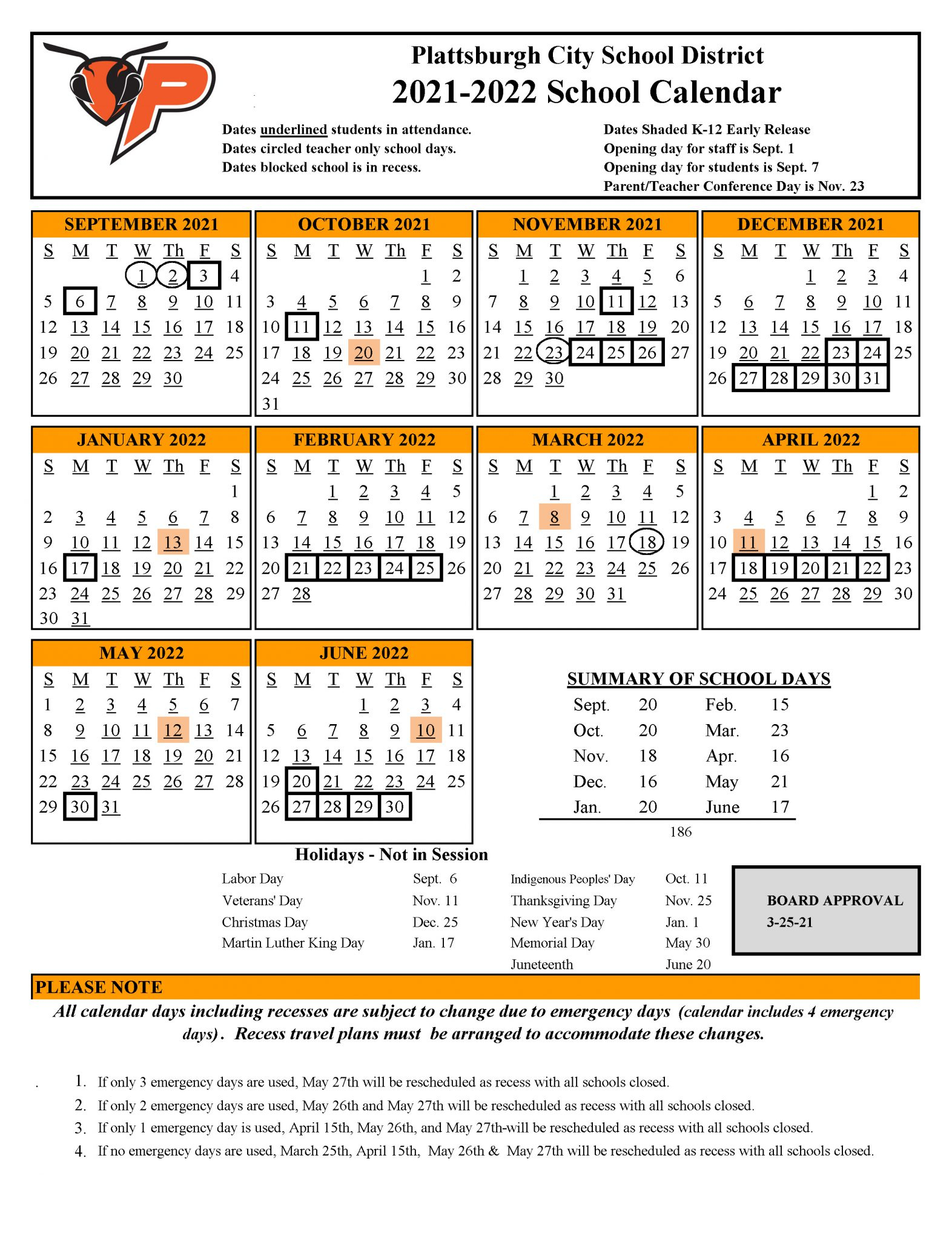 2021 22 PCSD School Calendar Plattsburgh City School 