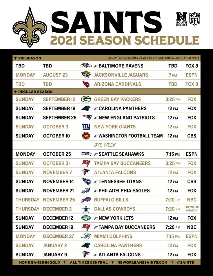 2021 Saints Schedule Revealed In 2021 New Orleans Saints