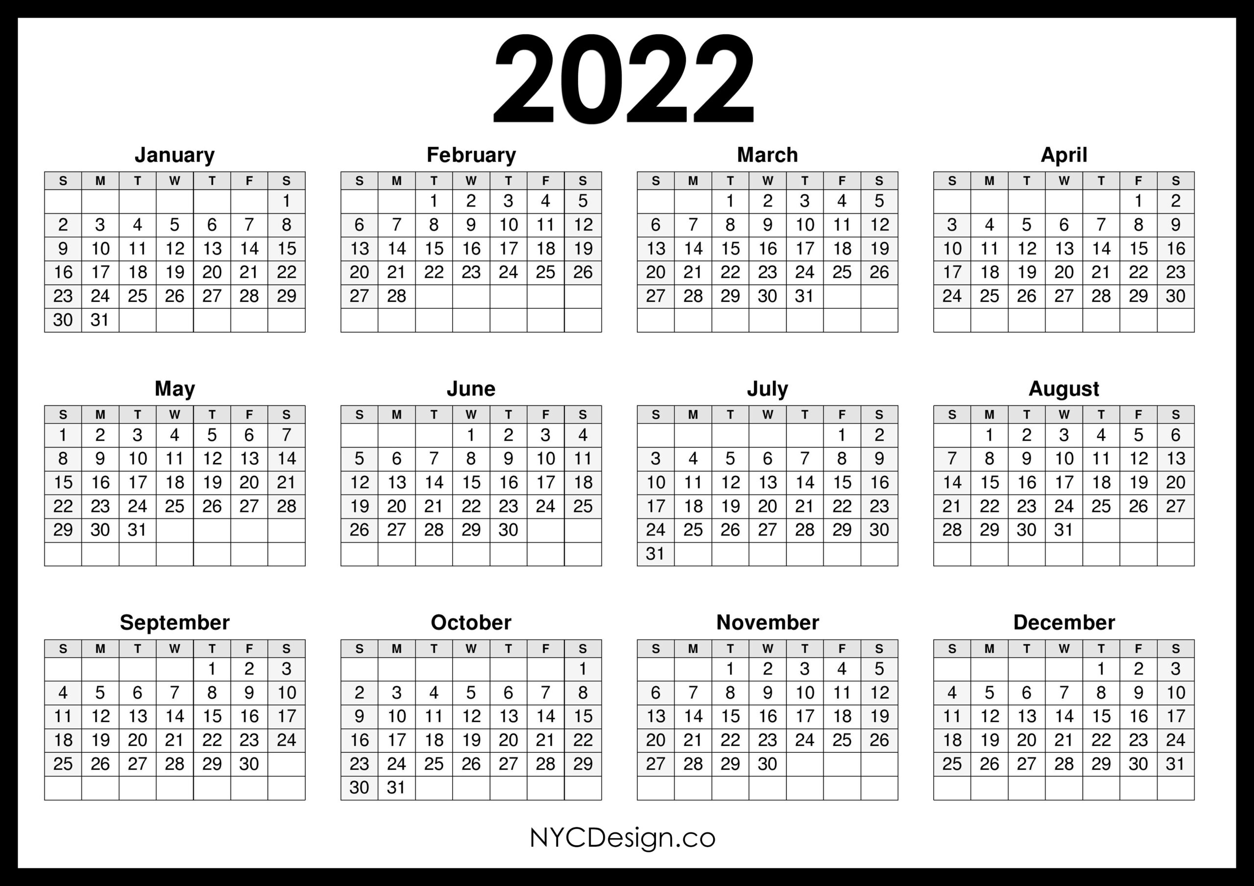 2022 Calendar Printable Free Horizontal Black HD 