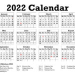 35 2022 Calendar Printable PDF Monthly With Holidays