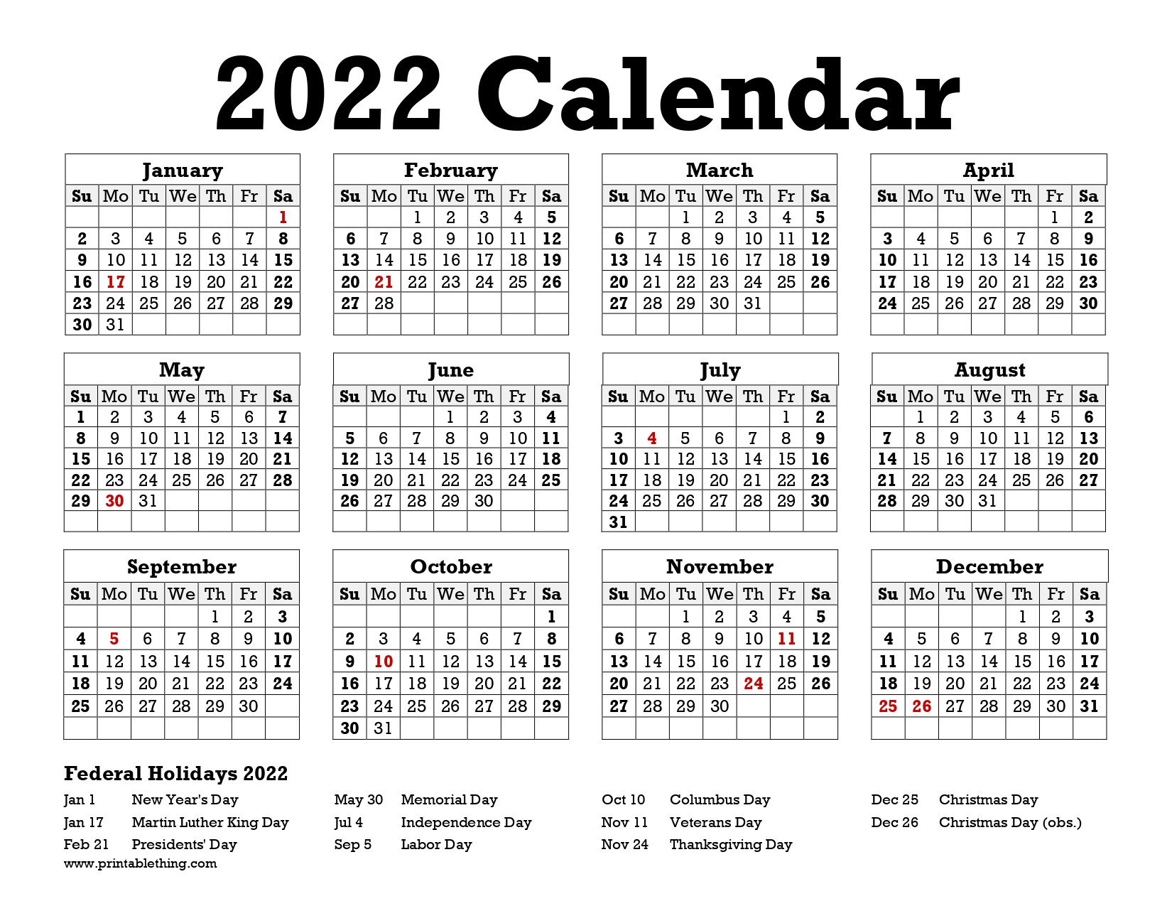 35 2022 Calendar Printable PDF Monthly With Holidays 