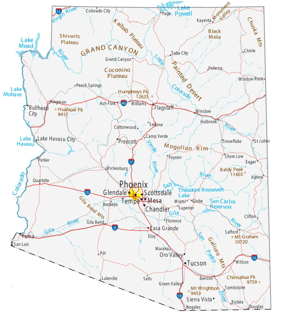 Arizona Map Roads Cities Large MAP Vivid Imagery