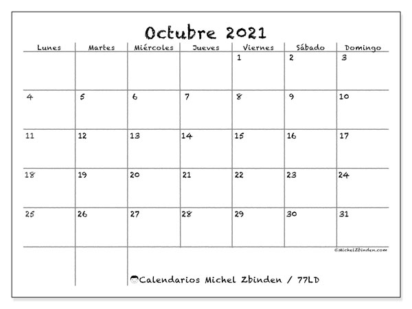 Calendarios Octubre 2021 Lunes Domingo Michel Zbinden ES