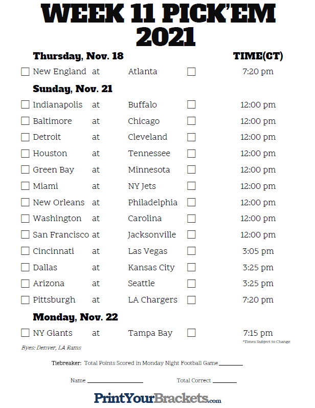 Central Time Week 11 NFL Schedule 2020 Printable