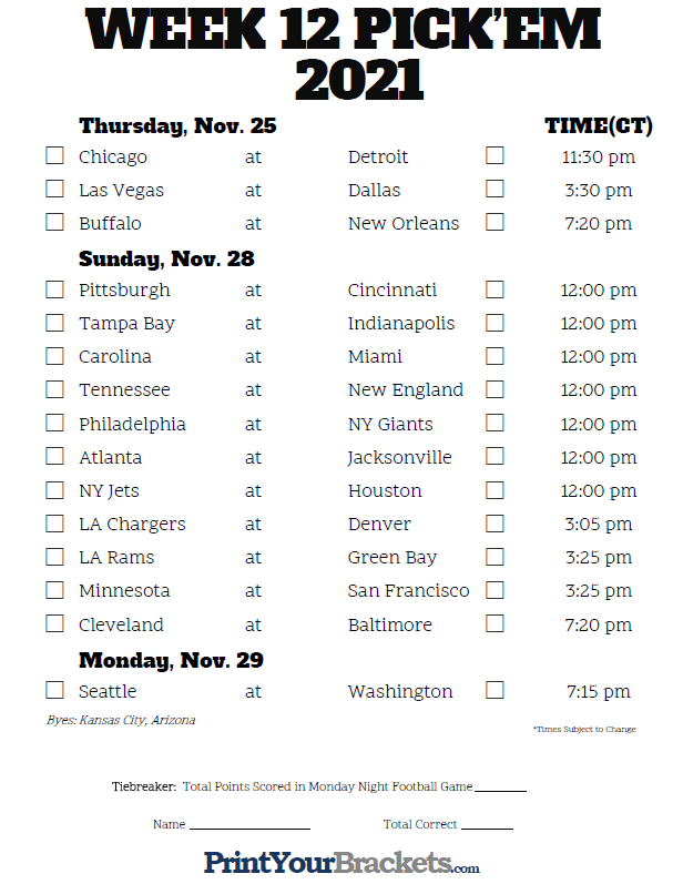 Central Time Week 12 NFL Schedule 2020 Printable