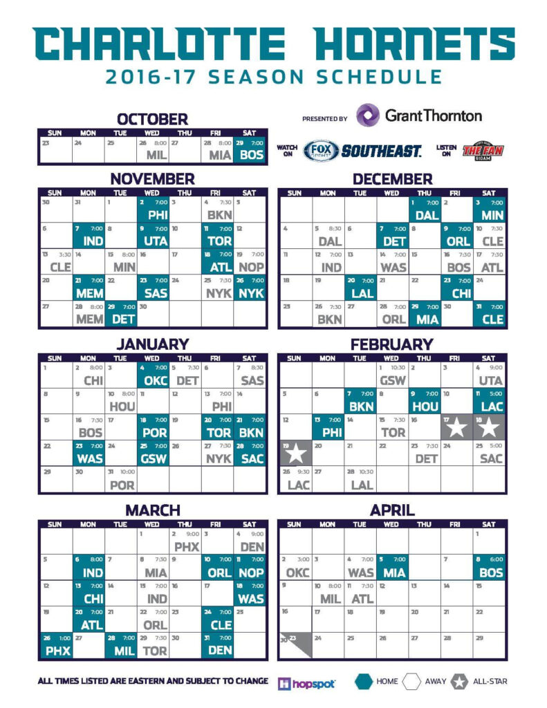 Charlotte Hornets Home Schedule Printable NFL Schedules