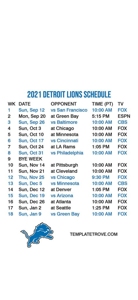 Detroit Lions Schedule 2021 22 Printable Printable Schedule