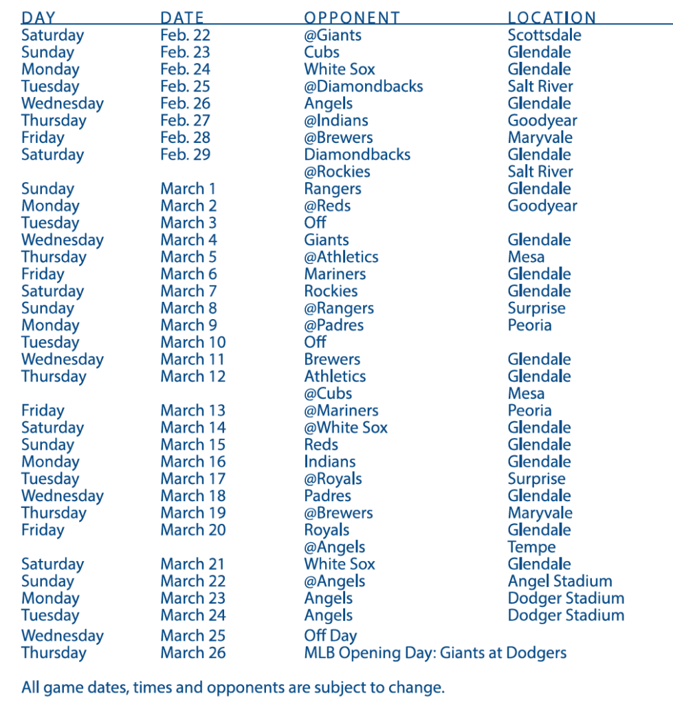 Dodgers 2020 Spring Training Schedule Announced By