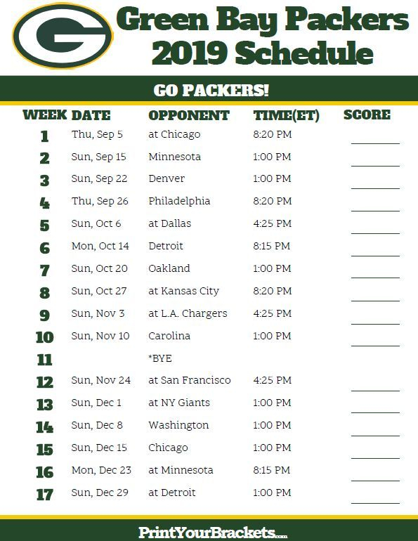 Druckbare Green Bay Packers Schedule Saison 2019 