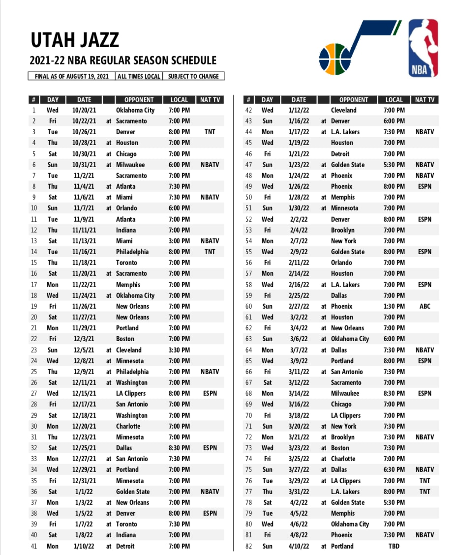 Full 2021 22 Utah Jazz Schedule Utah Jazz