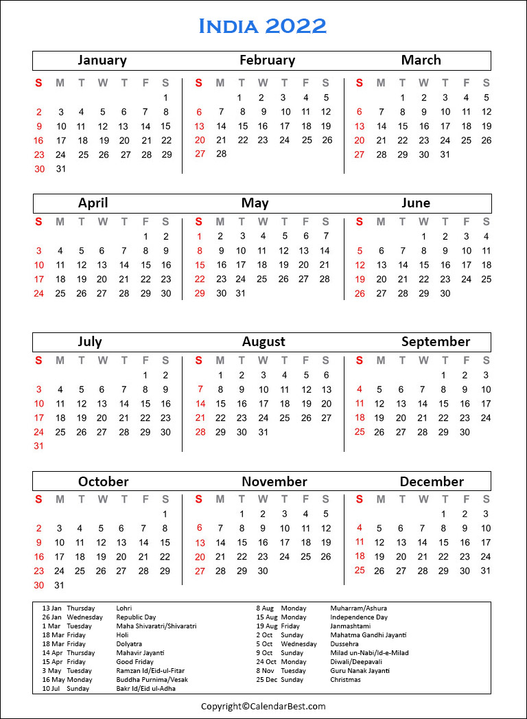 India Holiday 2022 Best Printable Calendar