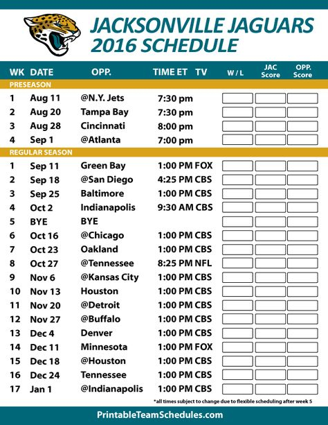 Jacksonville Jaguars Football Schedule Print Schedule 