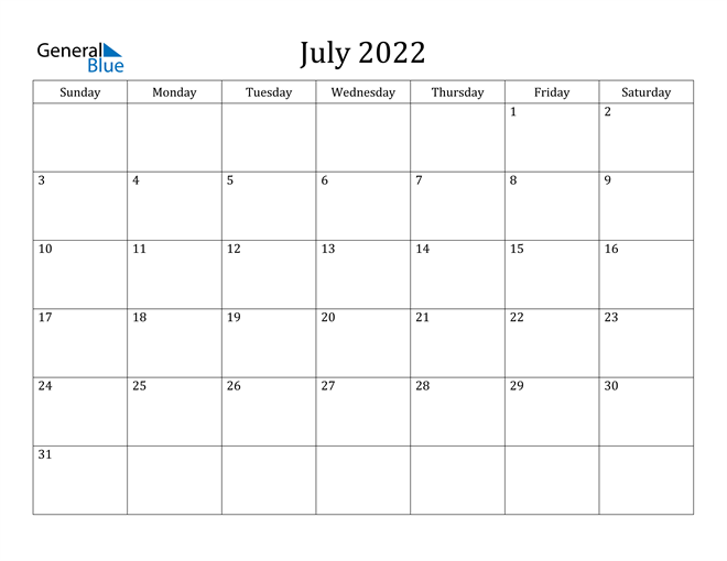 July 2022 Calendar PDF Word Excel