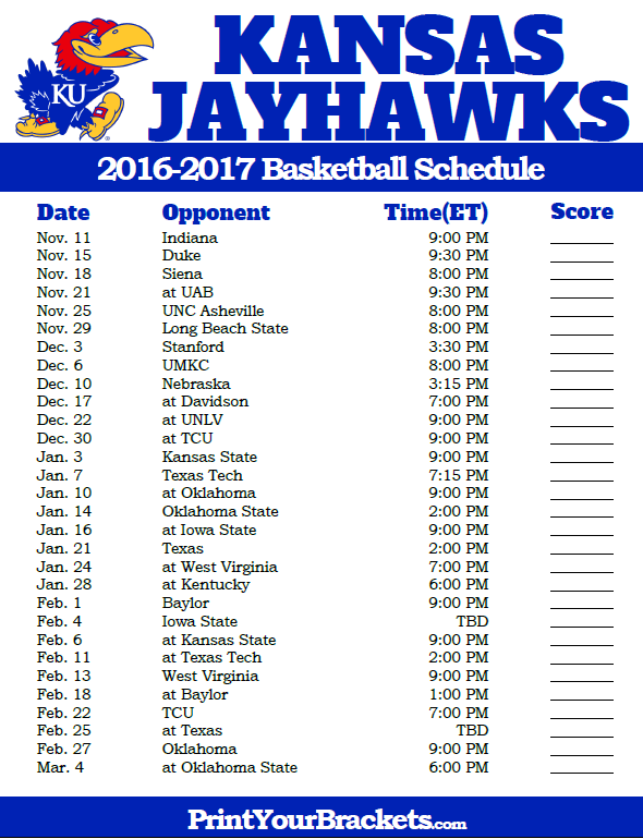 Kansas Jayhawks 2016 2017 College Basketball Schedule 