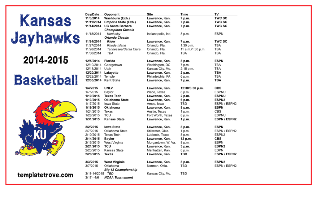 Kansas University Basketball Schedule Examples And Forms