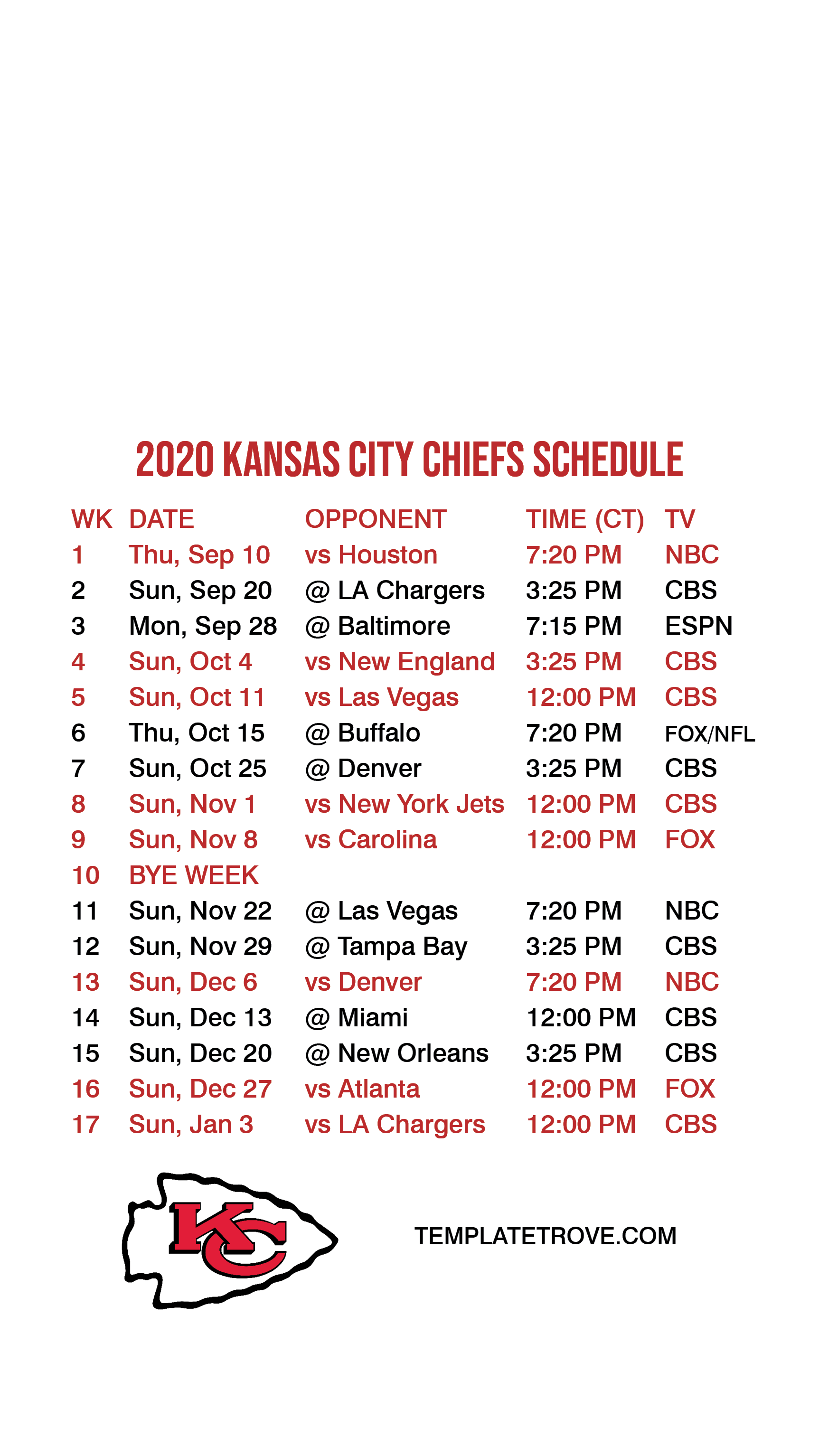 Kc Chiefs Schedule 2021 Printable 2020 2021 Kansas City 