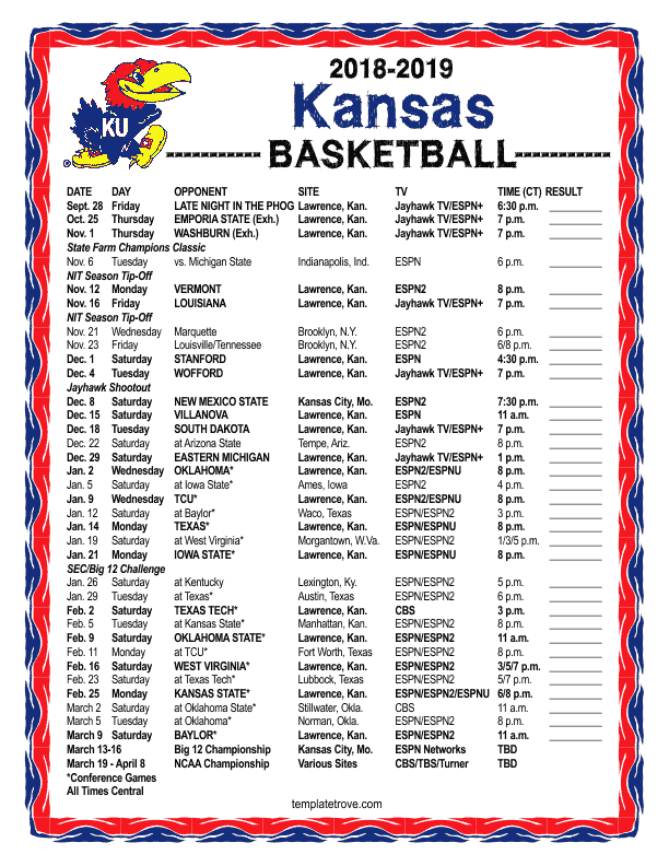 Ku Basketball Schedule Printable That Are Handy Hudson 