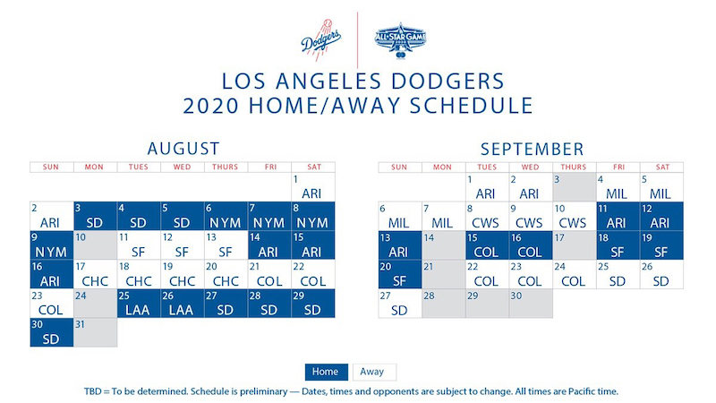 Los Angeles Dodgers 2020 Regular Season Schedule Dodger Blue