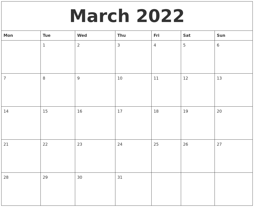 March 2022 Printable Calendar Pages