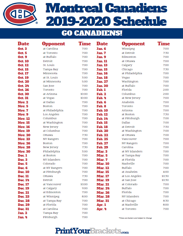 Montreal Canadiens 2019 2020 Schedule