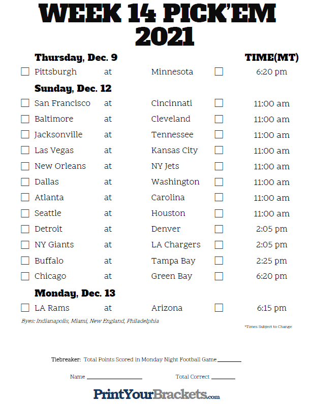 Mountain Time Week 14 NFL Schedule 2020 Printable