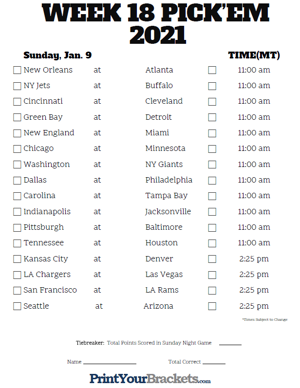 Mountain Time Week 18 NFL Schedule 2020 Printable
