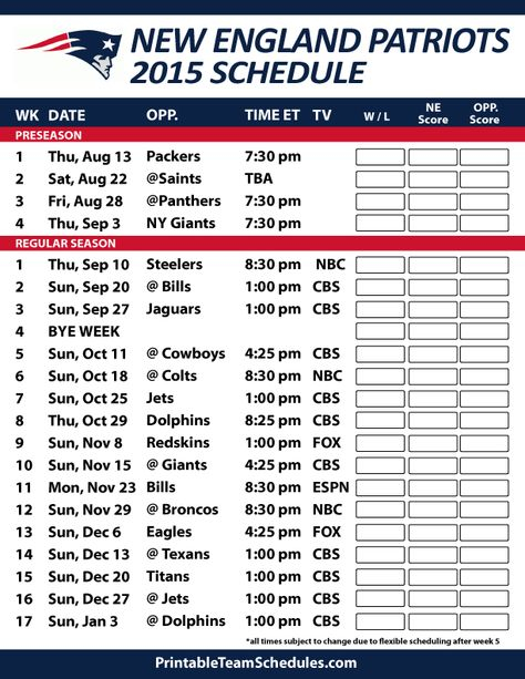 New England Patriots 2015 Schedule Printable Version Here 