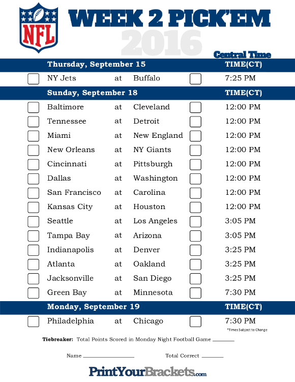 NFL Football Schedule Week 2 Printable NFL Schedule 2021