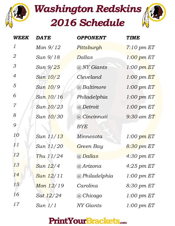 Nfl Redskins Printable Schedule UNFLO