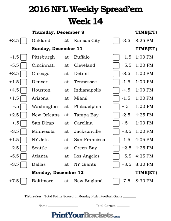 NFL Week 14 Pick em Against The Spread Sheets Printable