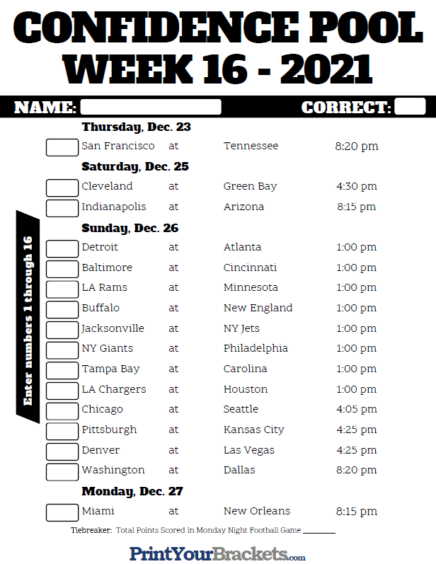 NFL Week 16 Confidence Pool Sheet 2020 Printable