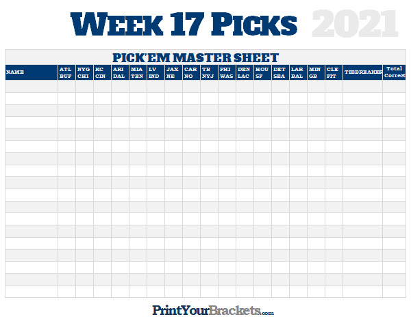 NFL Week 17 Picks Master Sheet Grid 2021
