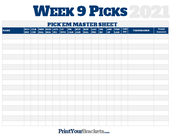 NFL Week 9 Picks Master Sheet Grid 2020