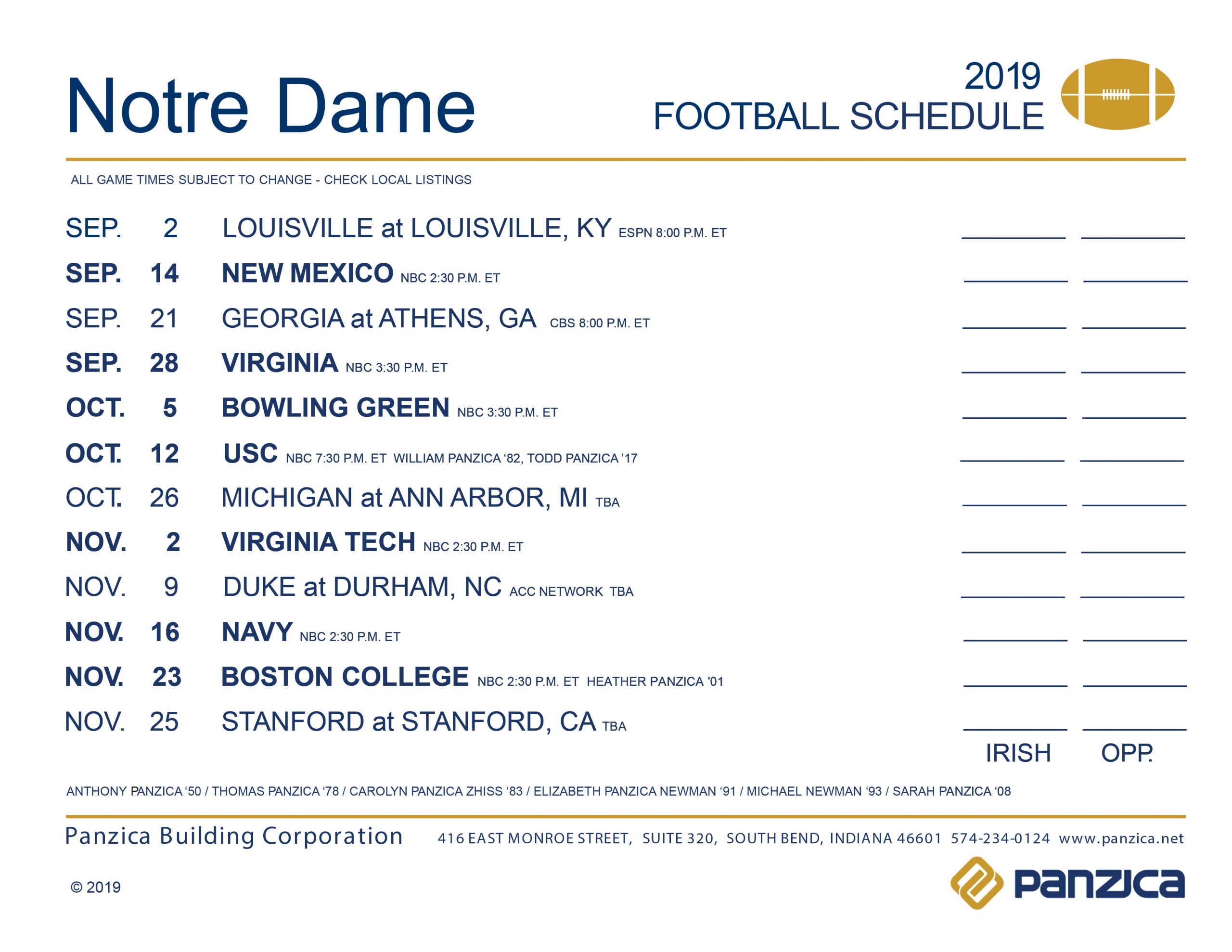 Notre Dame Football Schedule Panzica Building Corporation