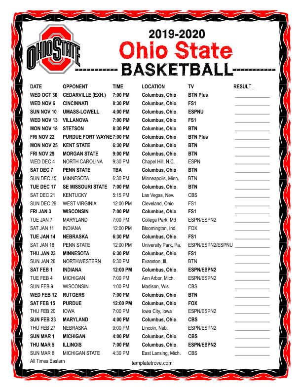 Ohio State Basketball Printable Schedule NFL Schedules