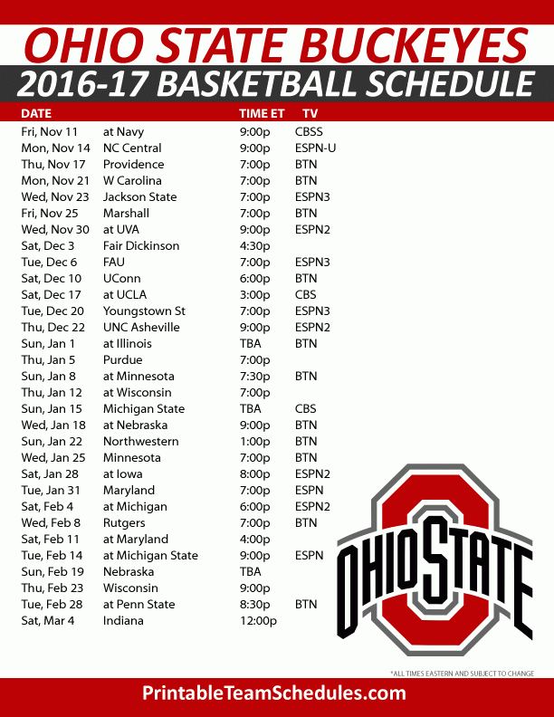 Ohio State Buckeyes Basketball Schedule 2016 17 Print