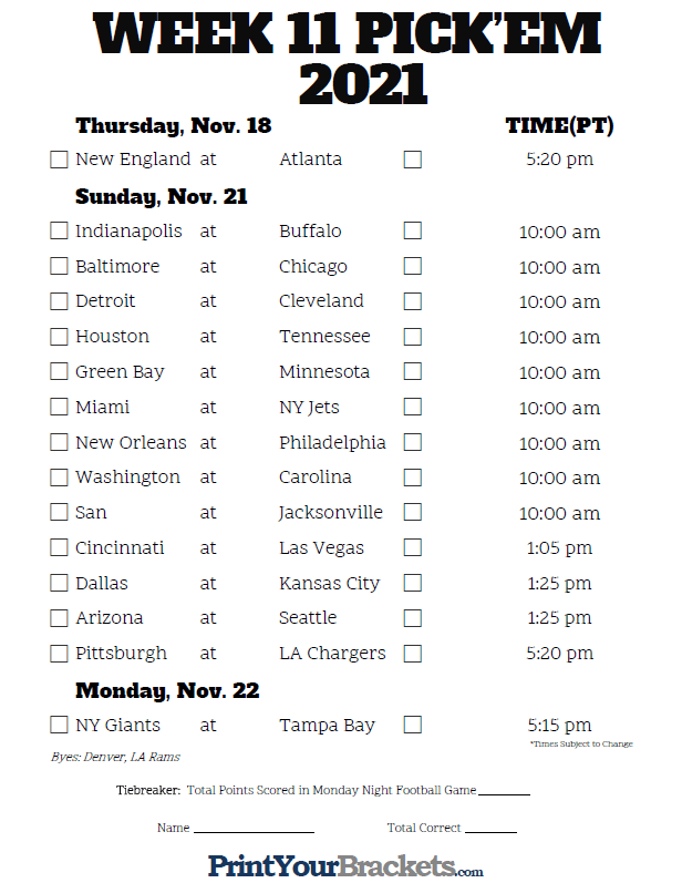 Pacific Time Week 11 NFL Schedule 2020 Printable
