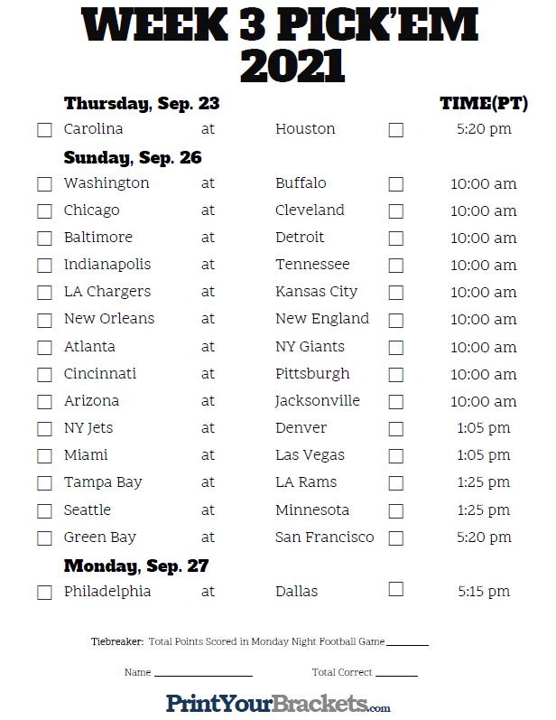 Pacific Time Week 3 NFL Schedule 2020 Printable
