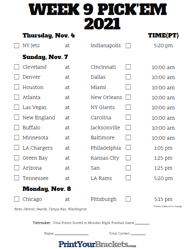 Pacific Time Week 9 NFL Schedule 2020 Printable