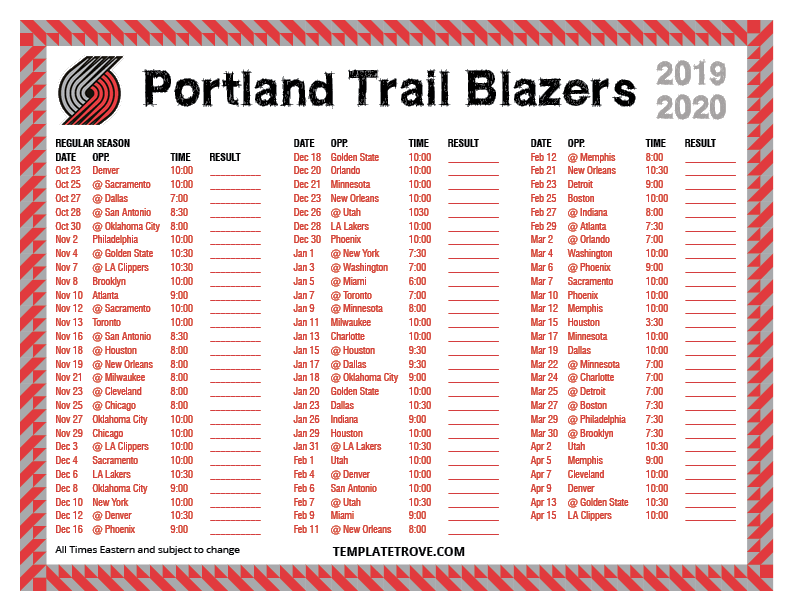 Portland Trail Blazers Printable Schedule 2021 22 