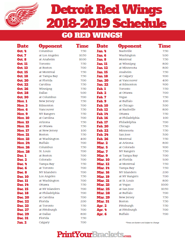 Printable 2018 2019 Detroit Red Wings Hockey Schedule