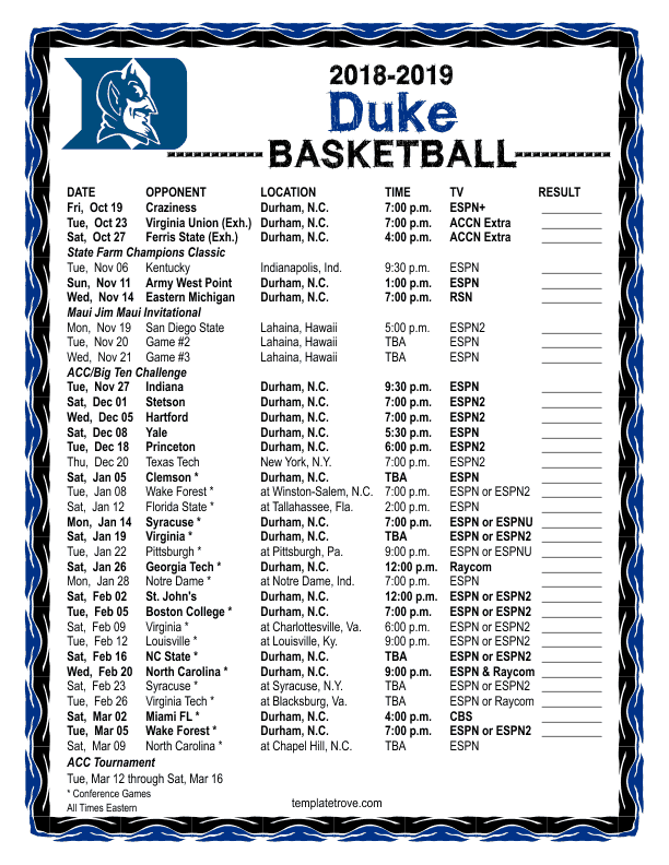 Printable 2018 2019 Duke Blue Devils Basketball Schedule